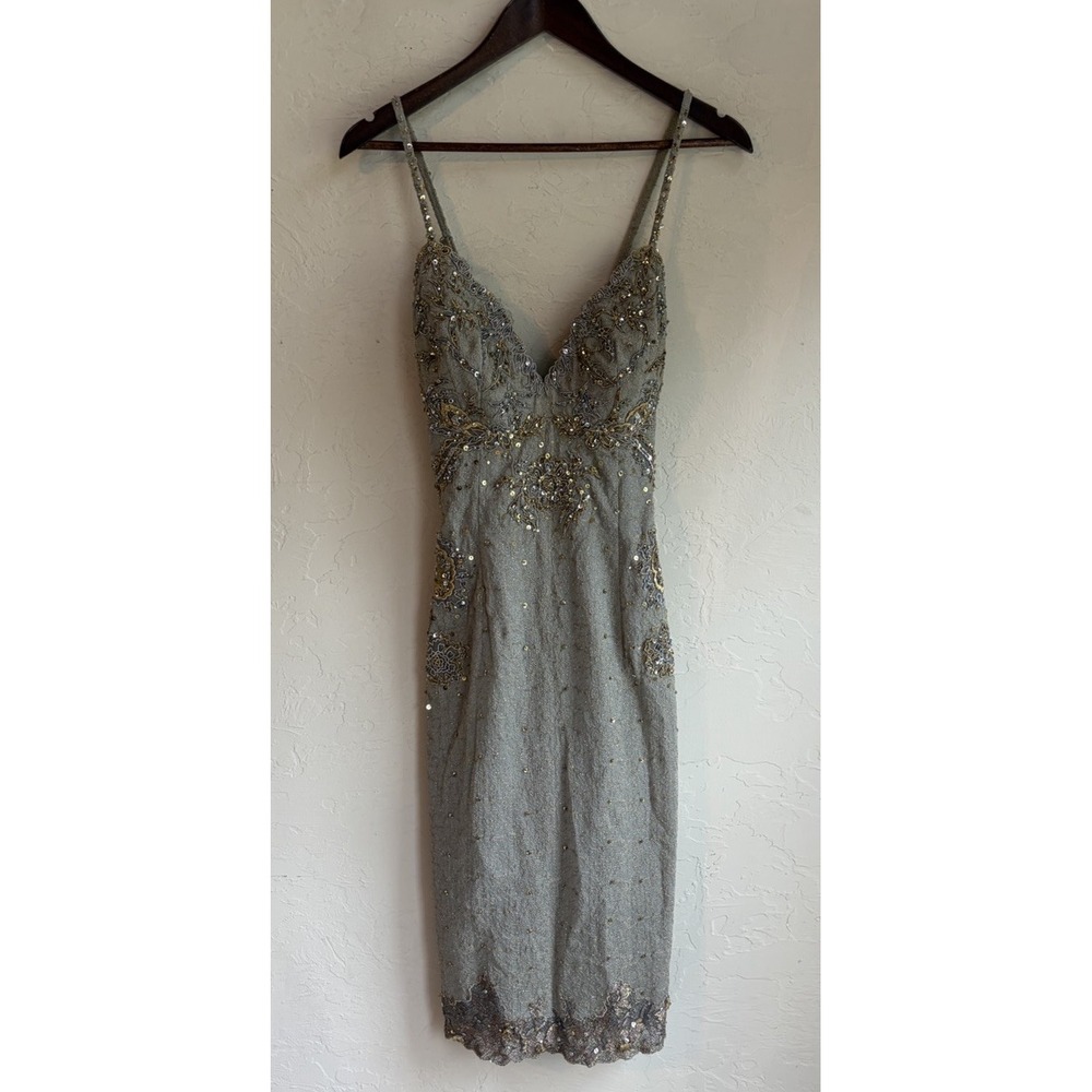 Vtg Y2K Mandalay Julian Joyce 100% Silk Beaded Midi Cocktail Dress 10 Archival